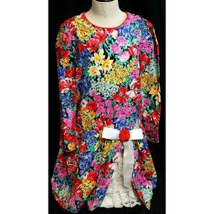 VTG 1980s Randi Tara Black Dress Floral Pattern Loong Sleeve Girls Sz 10 Bow
